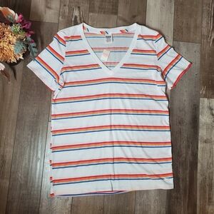 NWT Victoria's Secret PINK White V-Neck Rainbow Striped T-Shirt Size Large